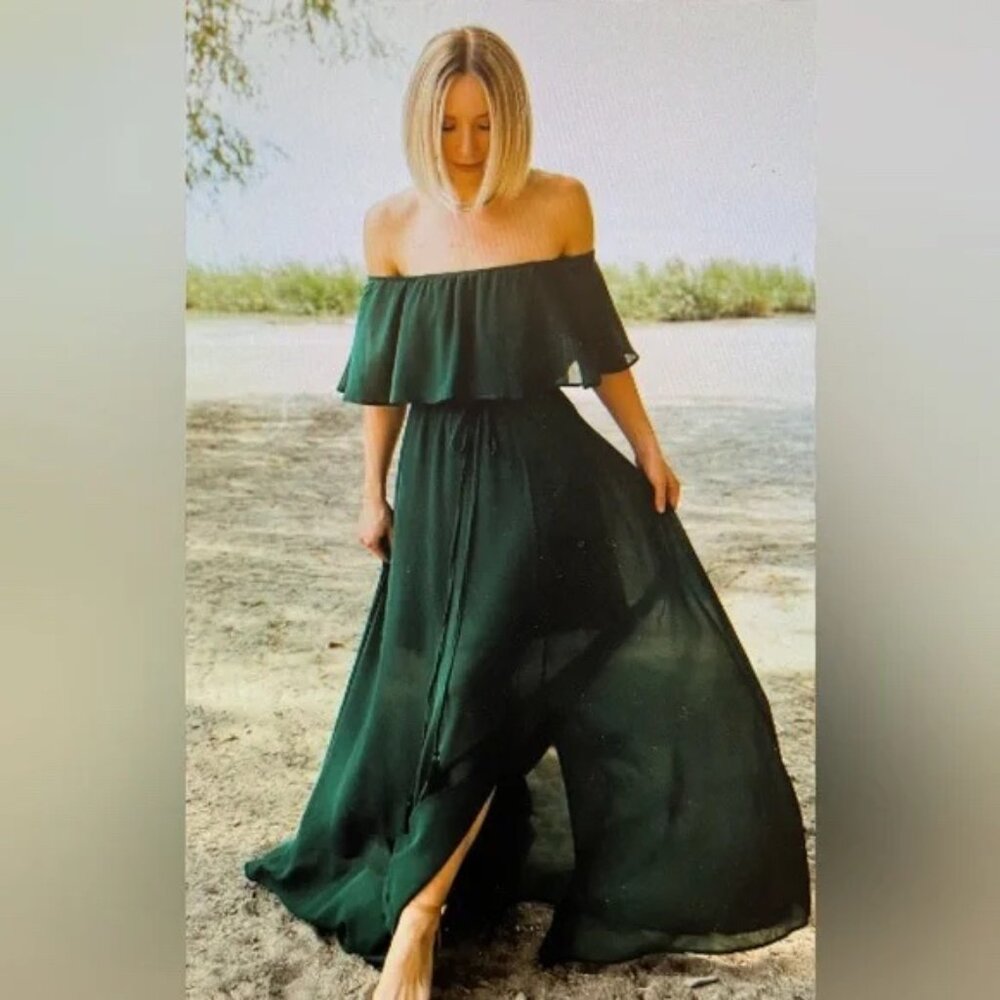 Baltic born hunter green off-shoulder maxi dress